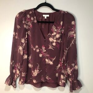 Joie Maroon & Purple Floral Print Sheer Sleeve Silk Blouse